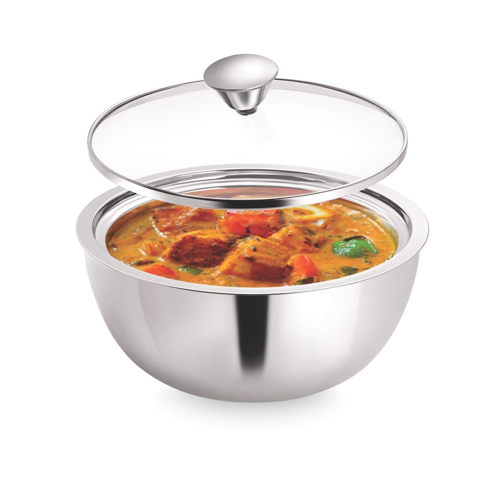 Borosil Servefresh Stainless Steel Insulated Curry Server with Glass Lid | Silver | 1 Pc