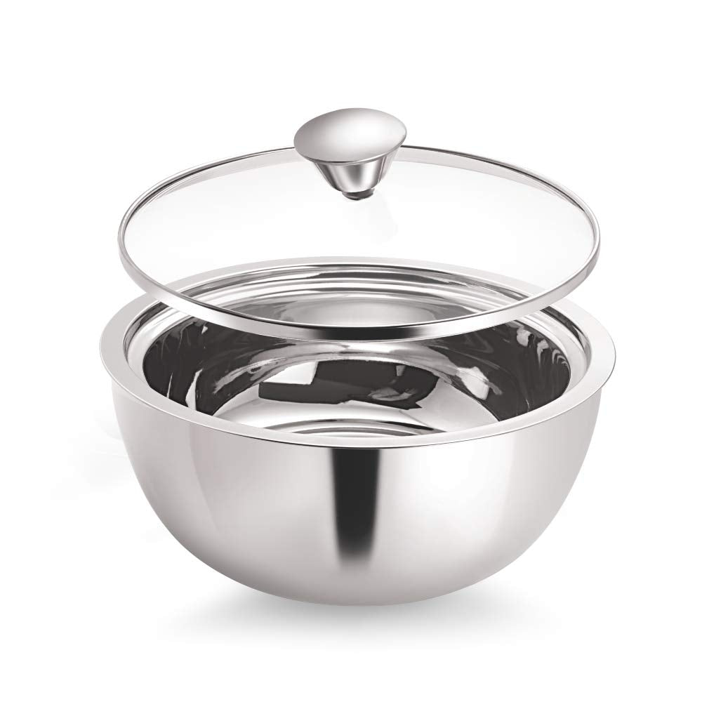 Borosil Servefresh Stainless Steel Insulated Curry Server with Glass Lid | Silver | 1 Pc