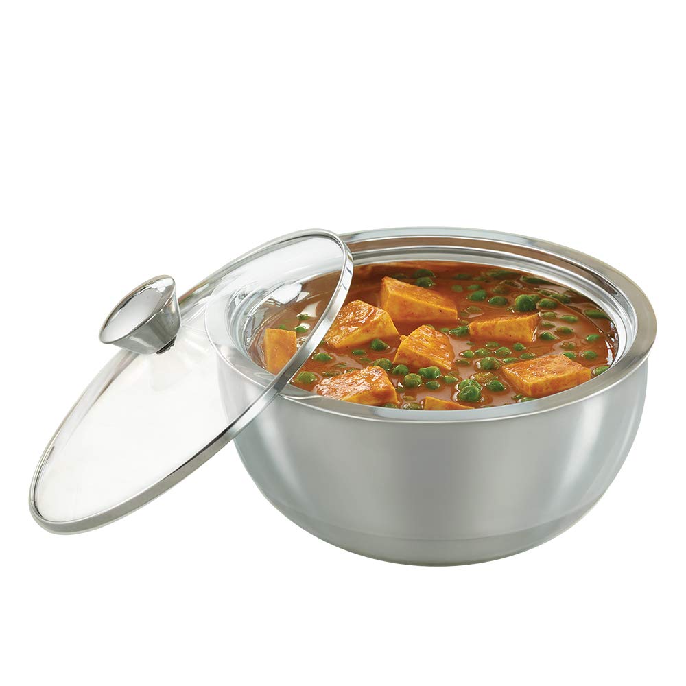 Borosil Servefresh Stainless Steel Insulated Curry Server with Glass Lid | Silver | 1 Pc