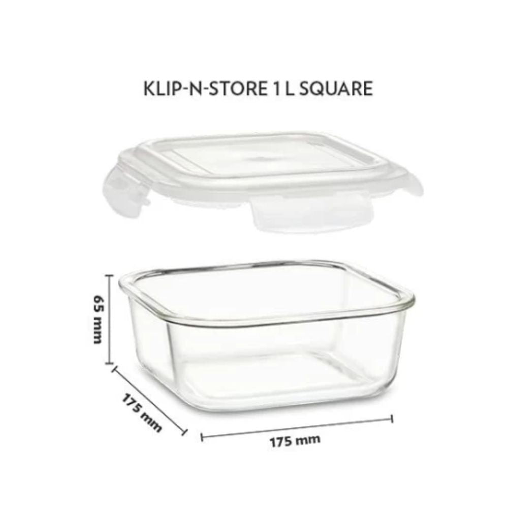 Borosil Klip N Store Square Glass Storage Container | Microwave & Oven Safe | Transparent | 1 Pc