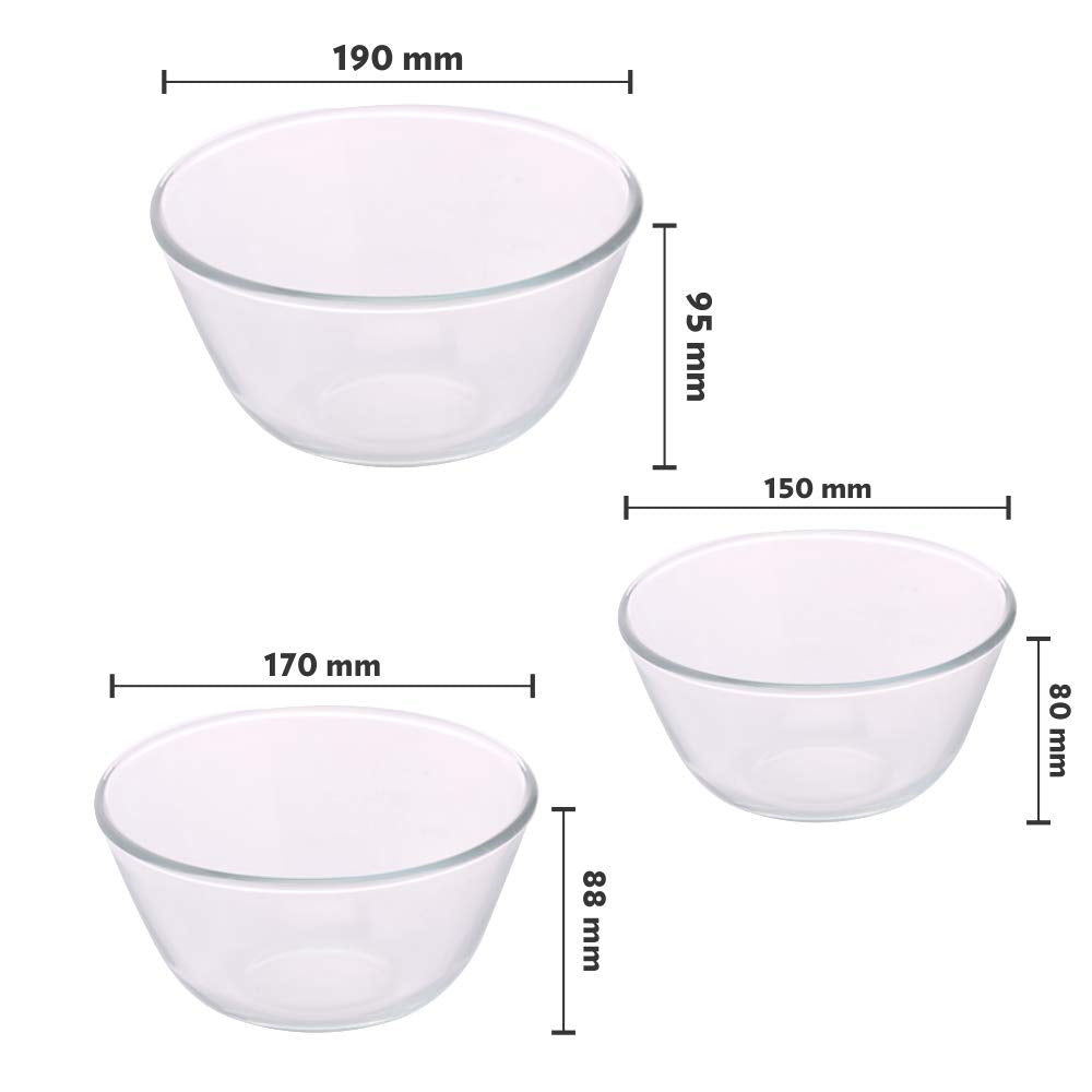 Borosil Glass Mixing Bowl with Blue lid - Set of 3 (500 ML + 900 ML + 1.3L) Oven and Microwave Safe