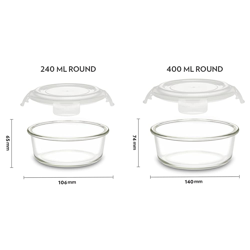 Borosil Klip n Store 240 ML + 400 ML Round Glass Container | Transparent | Set of 2 Pcs