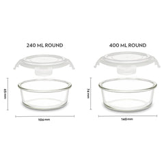 Borosil Klip n Store 240 ML + 400 ML Round Glass Container | Transparent | Set of 2 Pcs