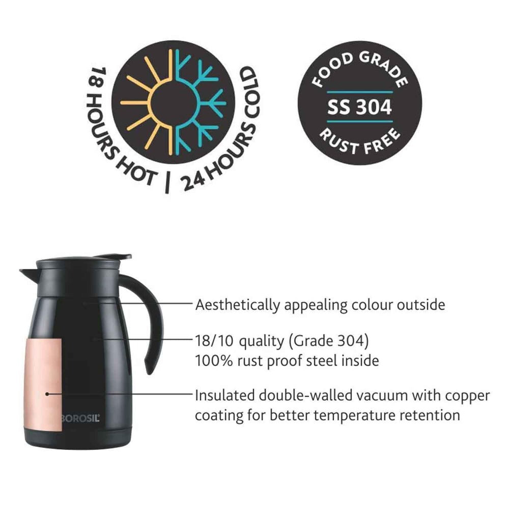 Borosil Insulated Stainless Steel Tea Pot | Hot n Cold | Black