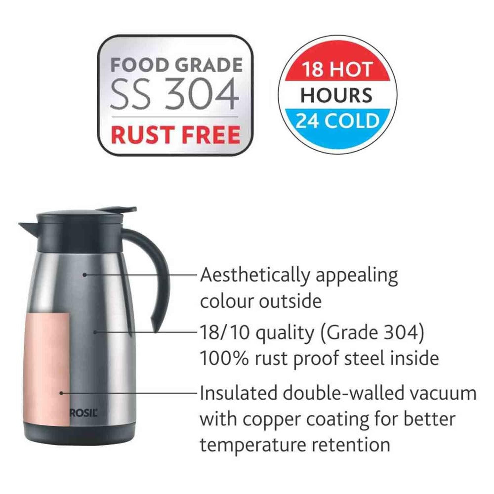 Borosil Insulated Stainless Steel Tea Pot | Hot n Cold | Silver
