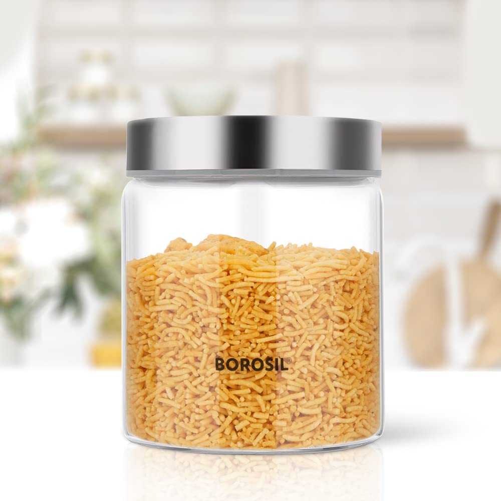 Borosil Endura Storage Glass Jar with SS Lid | Air-Tight Storage Containers For Kitchen | Transparent | 1 Pc