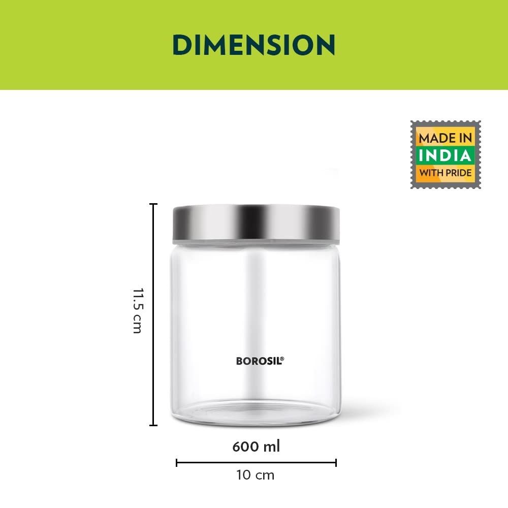 Borosil Endura Storage Glass Jar with SS Lid | Air-Tight Storage Containers For Kitchen | Transparent | 1 Pc