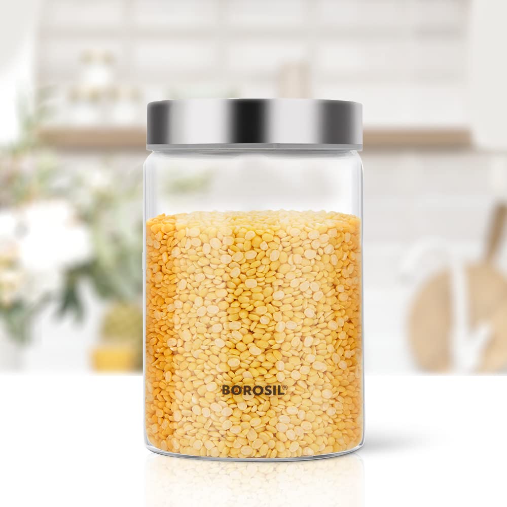 Borosil Endura Storage Glass Jar with SS Lid | Air-Tight Storage Containers For Kitchen | Transparent | 1 Pc