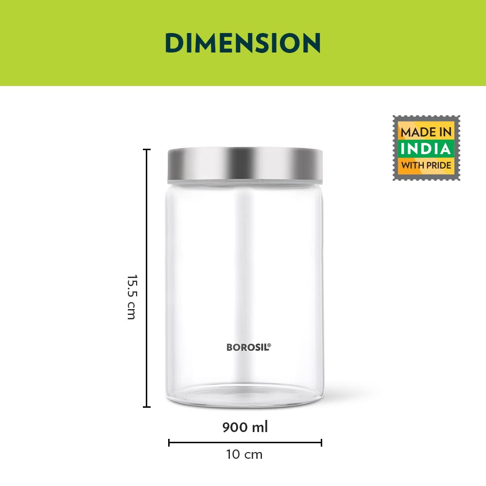 Borosil Endura Storage Glass Jar with SS Lid | Air-Tight Storage Containers For Kitchen | Transparent | 1 Pc