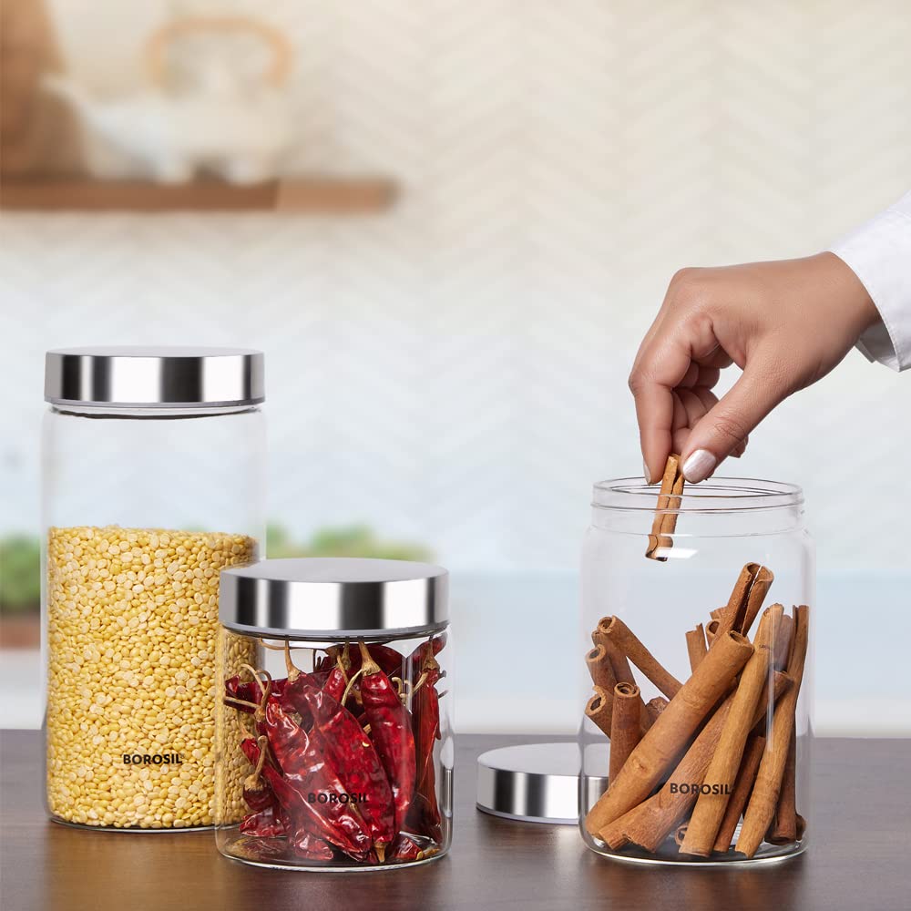 Borosil Endura Storage Glass Jar with SS Lid | Air-Tight Storage Containers For Kitchen | Transparent | 1 Pc