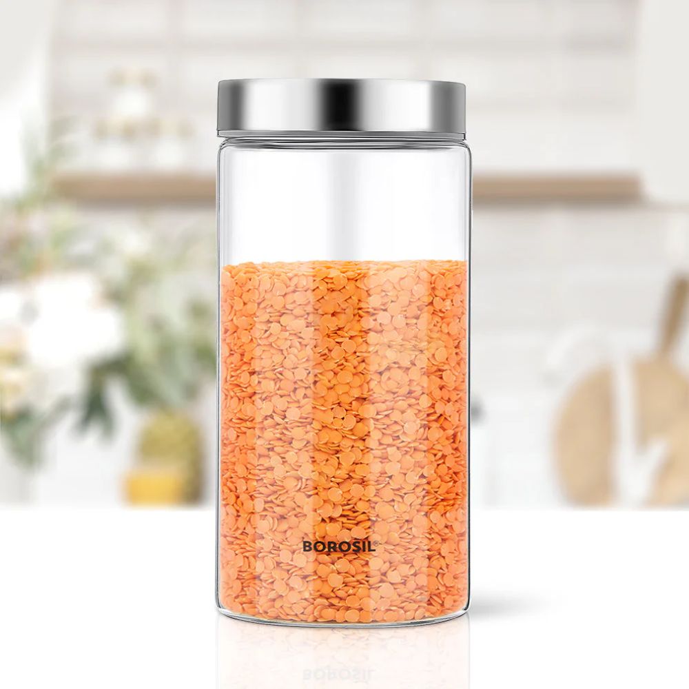 Borosil Endura Storage Glass Jar with SS Lid | Air-Tight Storage Containers For Kitchen | Transparent | 1 Pc
