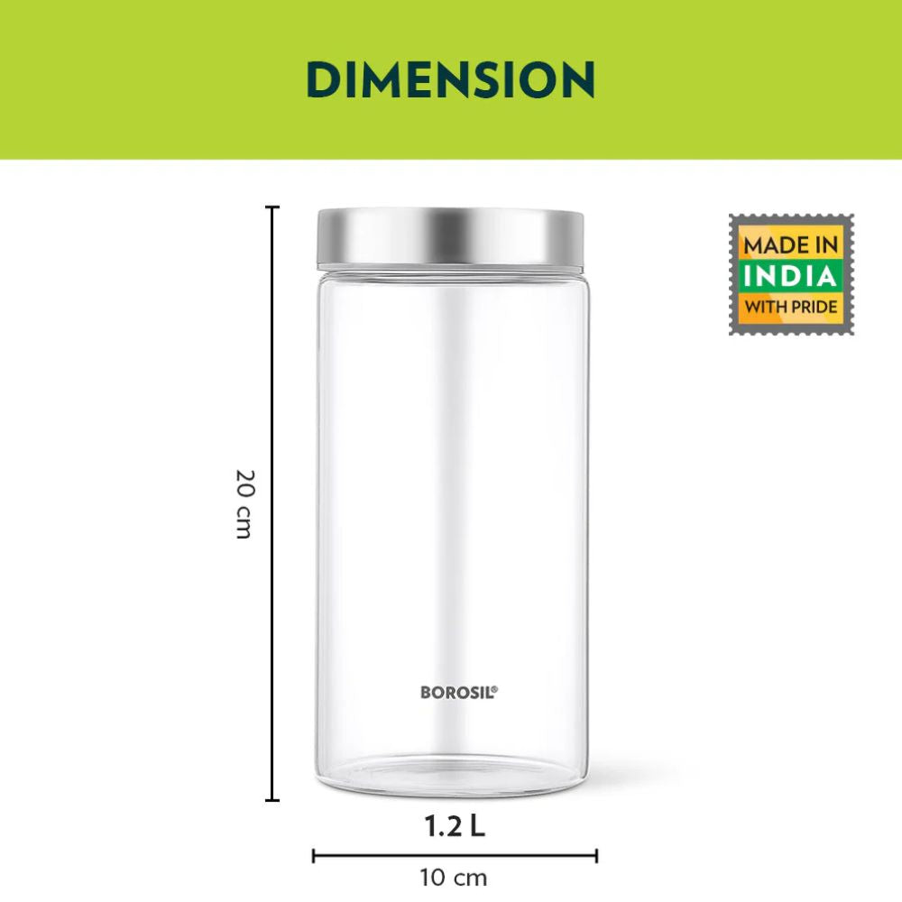Borosil Endura Storage Glass Jar with SS Lid | Air-Tight Storage Containers For Kitchen | Transparent | 1 Pc