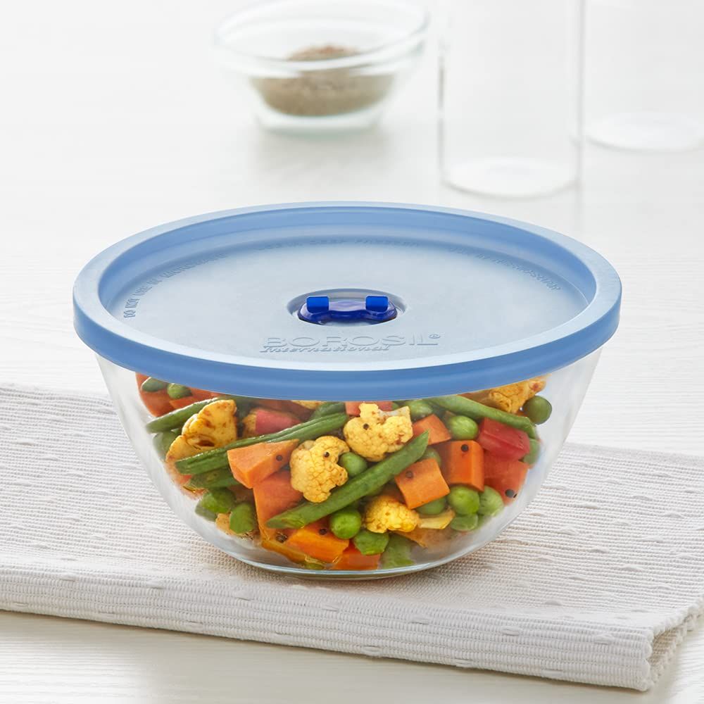 Borosil 2 Bowls with Blue Lid + 1 Bowl without Lid | Transparent | Set of 3 Pcs