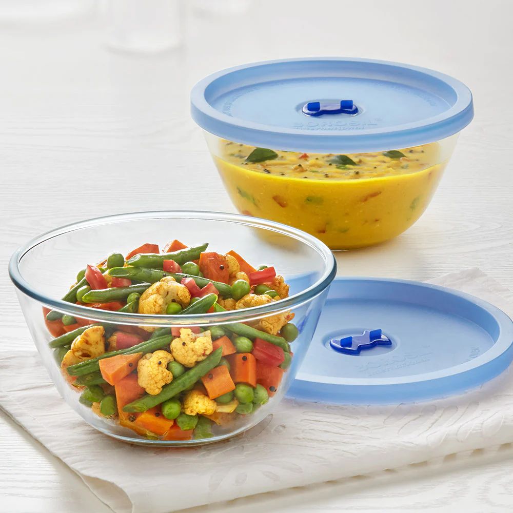 Borosil 2 Bowls with Blue Lid + 1 Bowl without Lid | Transparent | Set of 3 Pcs