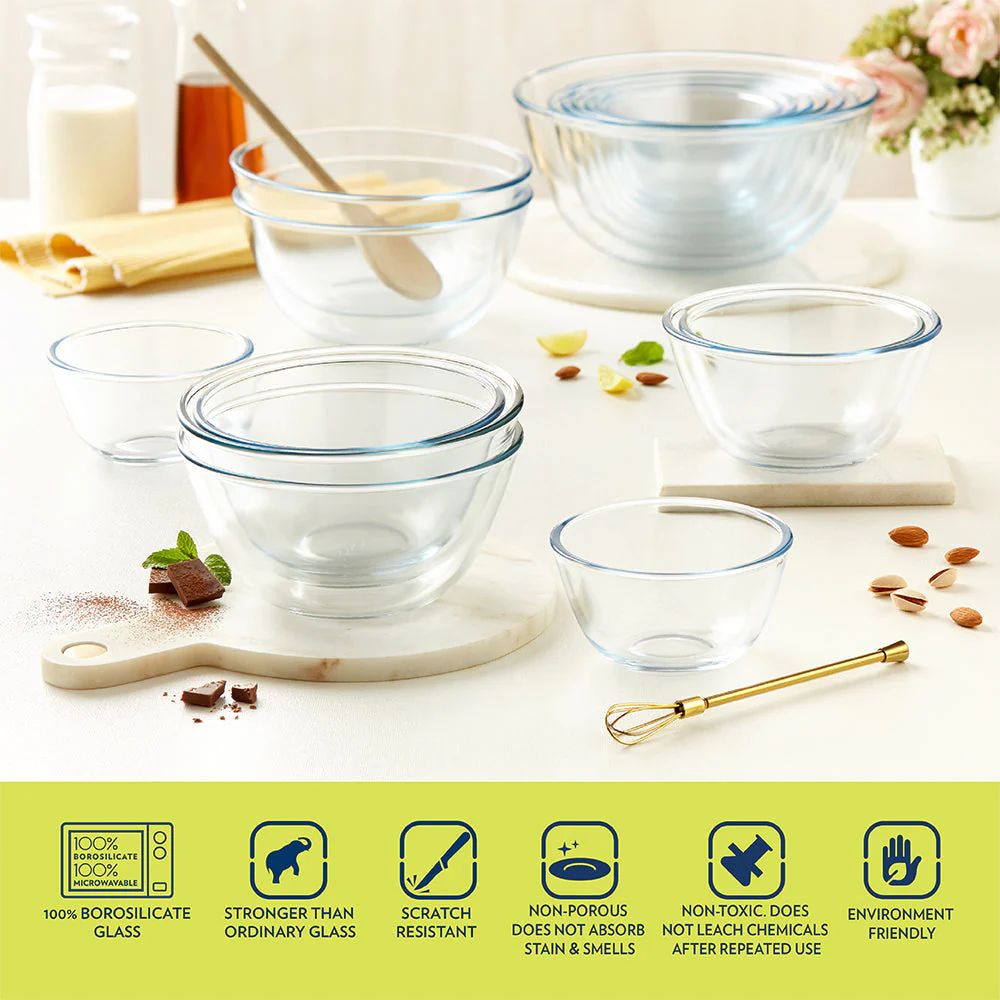 Borosil 2 Bowls with Blue Lid + 1 Bowl without Lid | Transparent | Set of 3 Pcs