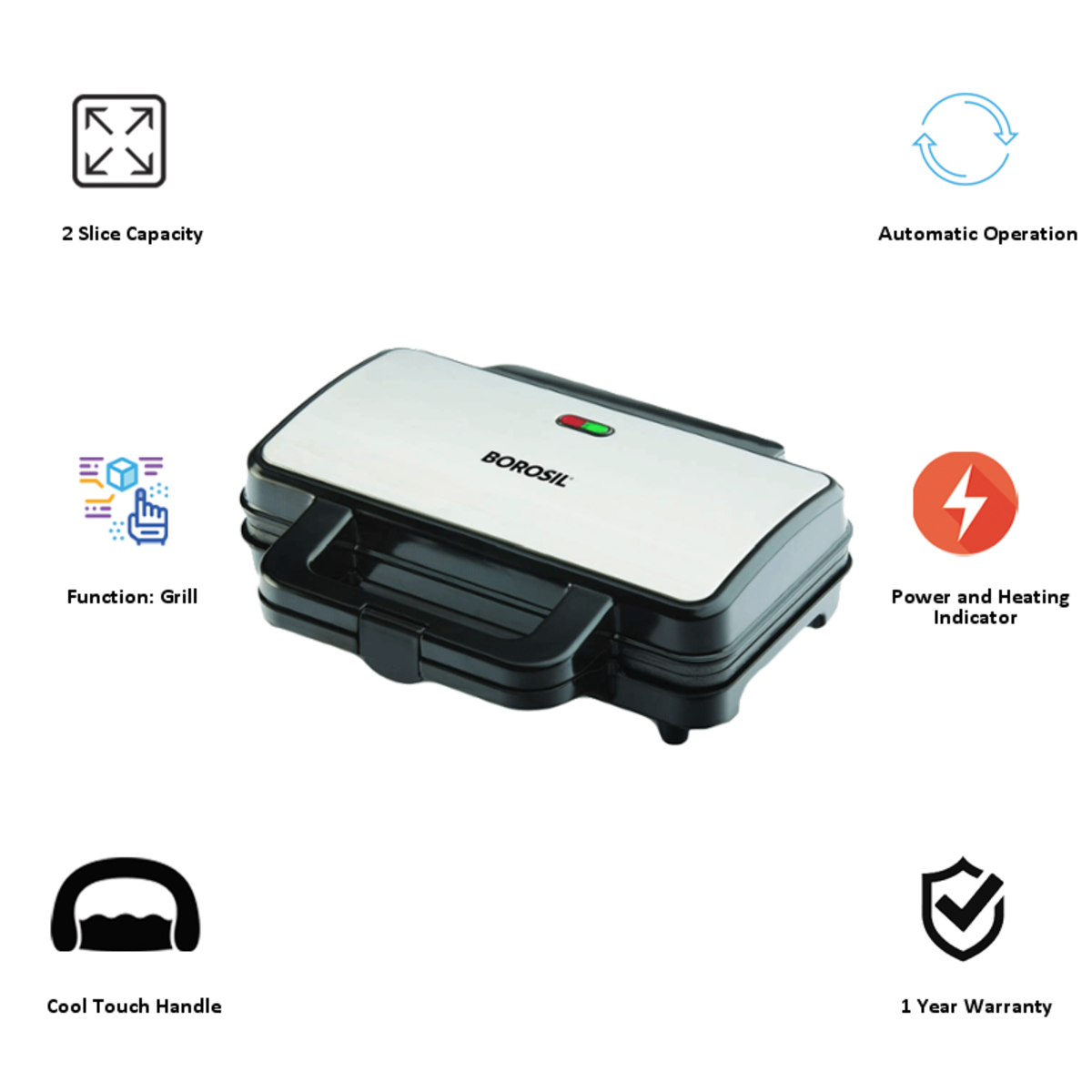 Borosil - Neo Waffle Maker, 1000 W, Silver