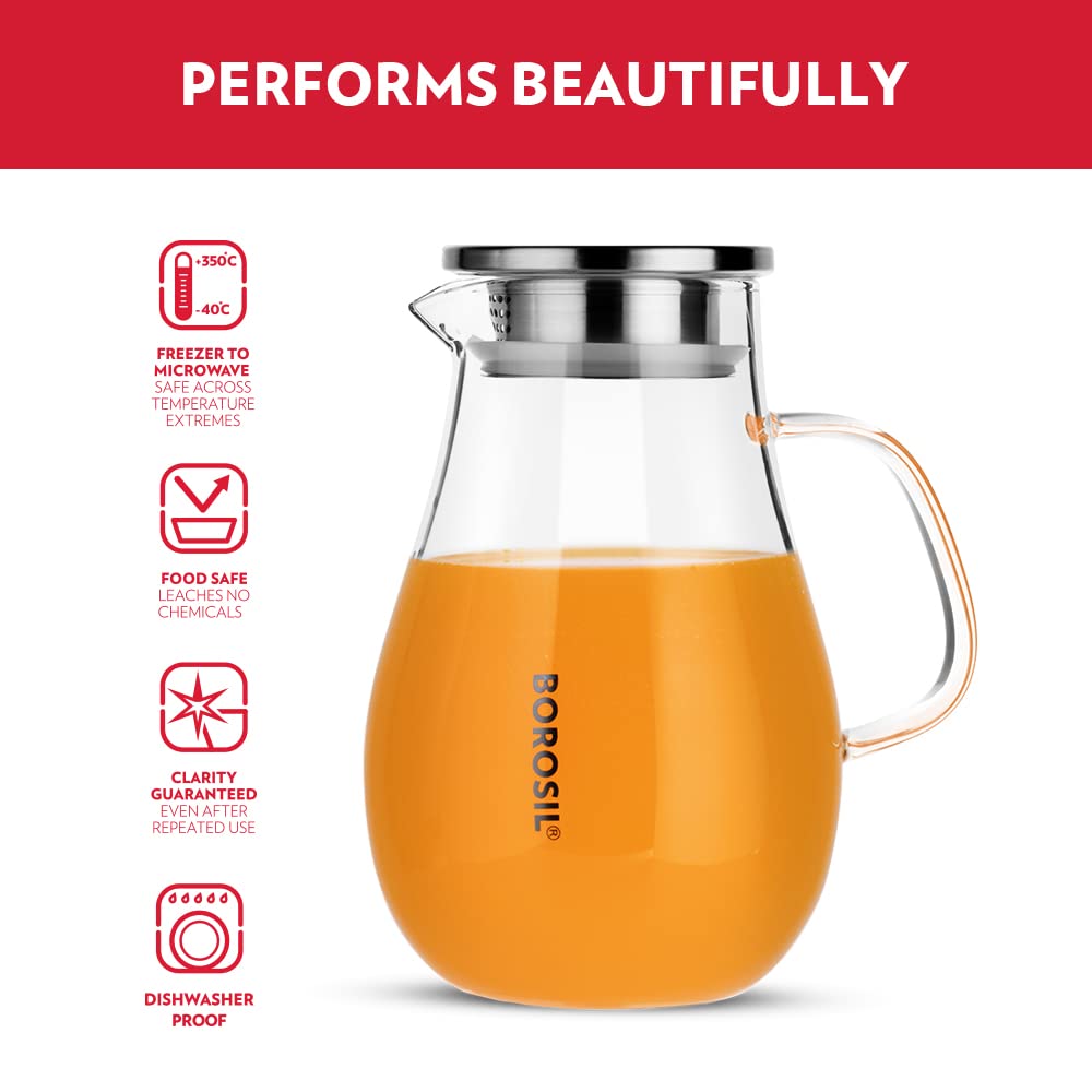 Borosil Vision 1750 ML Juice & Water Jug with Steel Lid | Transparent