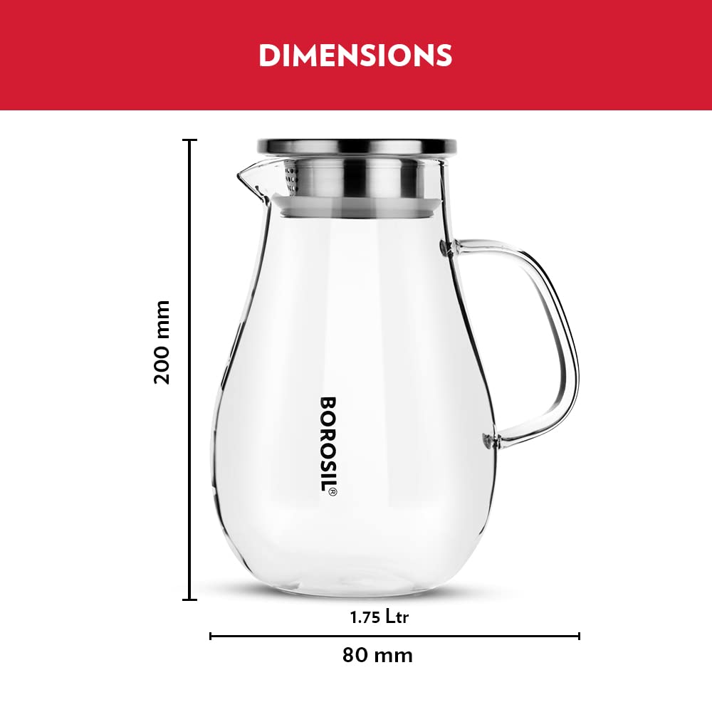 Borosil Vision 1750 ML Juice & Water Jug with Steel Lid | Transparent