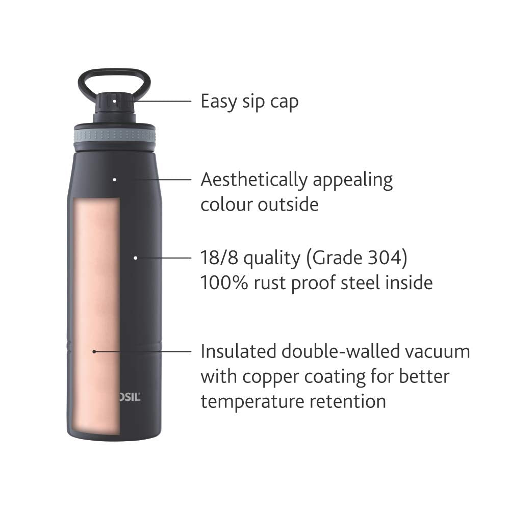 Borosil Stainless Steel Hydra Gosports Vacuum Insulated Water Bottle | Black | 1 Pc