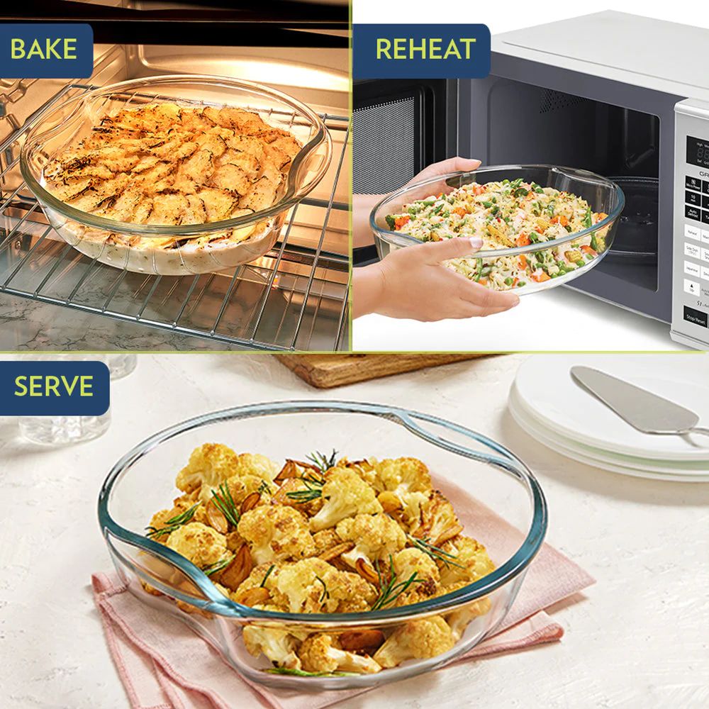 Borosil Glass Easy Grip Round Baking Dish | Microwave Safe & Oven Safe | Transparent | 1 Pc