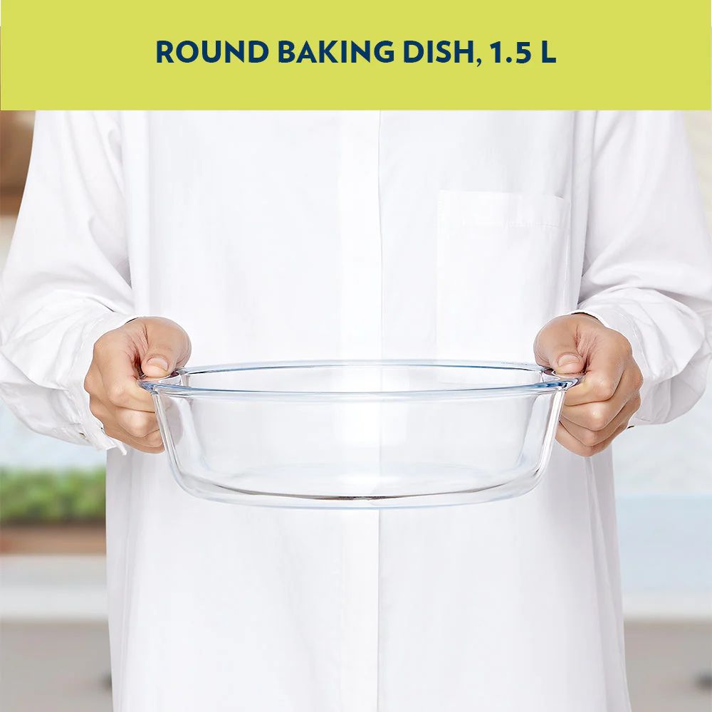 Borosil Glass Easy Grip Round Baking Dish | Microwave Safe & Oven Safe | Transparent | 1 Pc