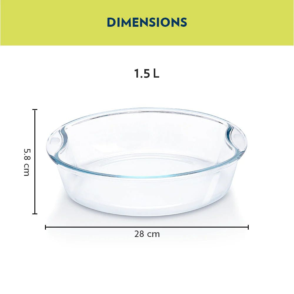 Borosil Glass Easy Grip Round Baking Dish | Microwave Safe & Oven Safe | Transparent | 1 Pc