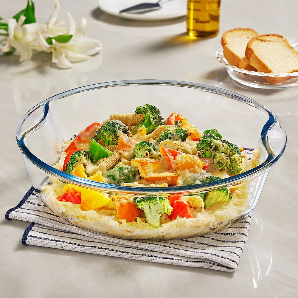 Borosil Glass Easy Grip Round Baking Dish | Microwave Safe & Oven Safe | Transparent | 1 Pc