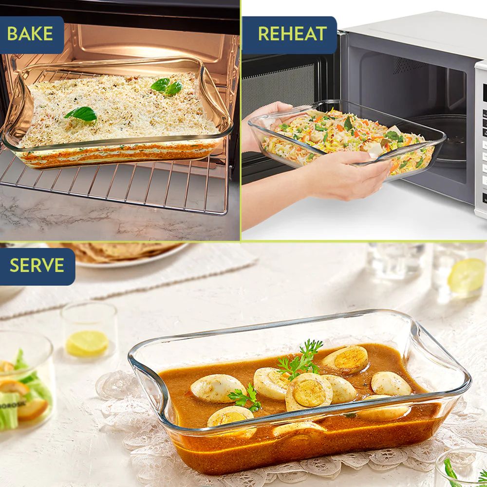 Borosil Glass Easy Grip Rectangular Baking Dish | Microwave Safe & Oven Safe | Transparent | 1 Pc