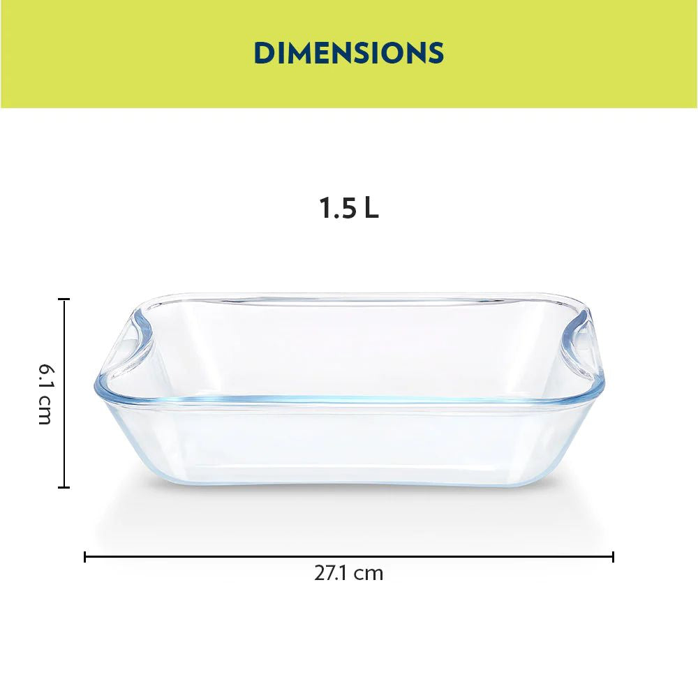 Borosil Glass Easy Grip Rectangular Baking Dish | Microwave Safe & Oven Safe | Transparent | 1 Pc