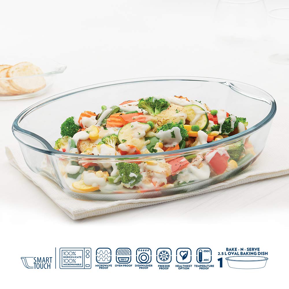 Borosil EasyGrip 2500 ML Oval Baking Dish | Microwave Safe & Oven Safe | Transparent | 1 Pc