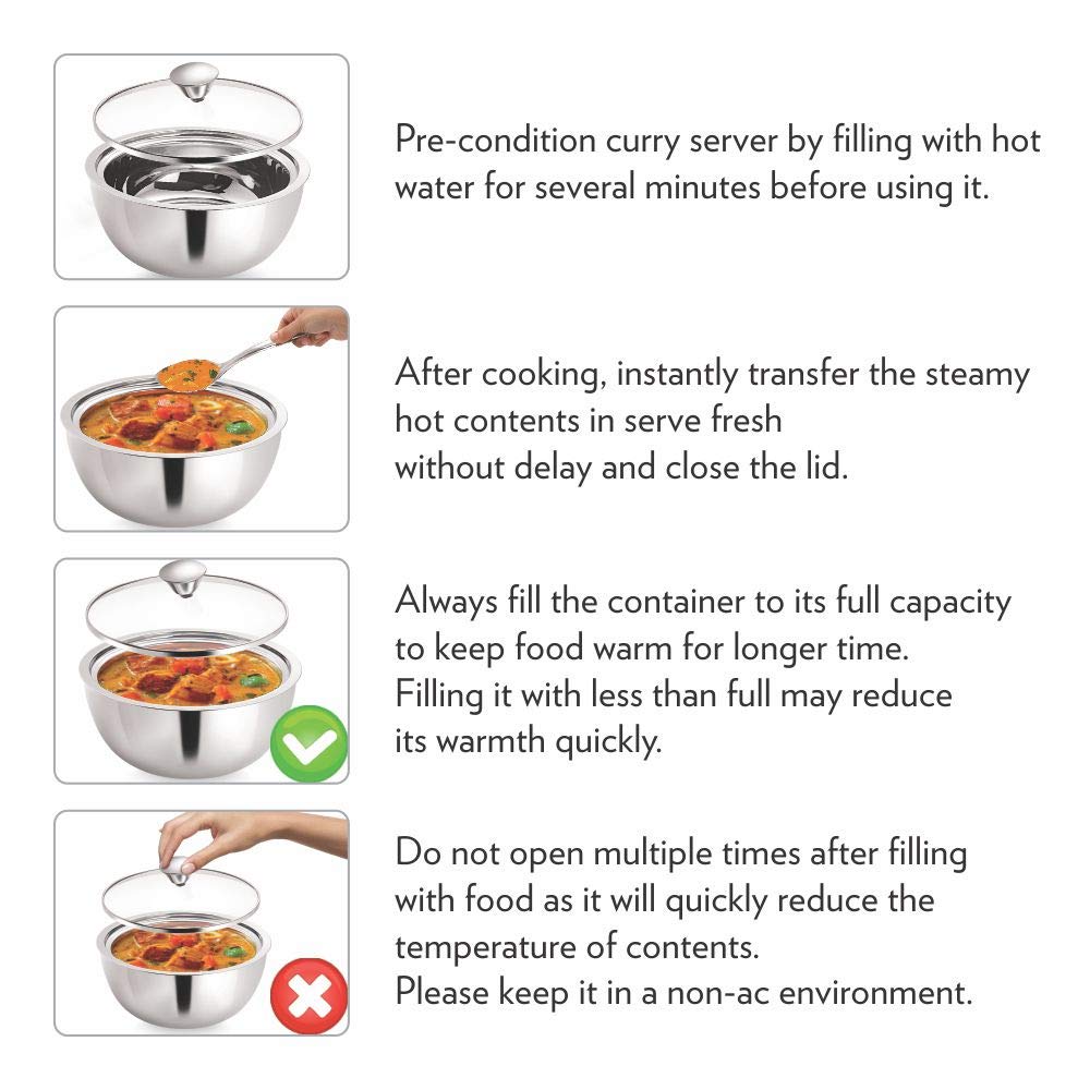 Borosil Servefresh Stainless Steel Insulated 500 ML + 900 ML Curry Server with Glass Lid | Silver | Set of 2 Pcs