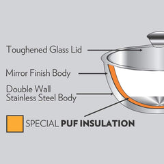 Borosil Servefresh Stainless Steel Insulated 500 ML + 900 ML Curry Server with Glass Lid | Silver | Set of 2 Pcs