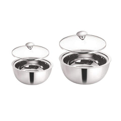 Borosil Servefresh Stainless Steel Insulated 500 ML + 900 ML Curry Server with Glass Lid | Silver | Set of 2 Pcs