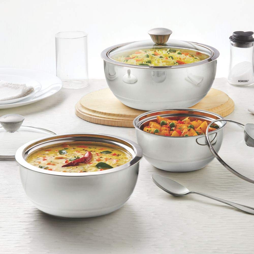 Borosil Servefresh Stainless Steel Insulated 500 ML + 900 ML + 1500 ML Curry Server with Glass Lid | Silver | Set of 3 Pcs