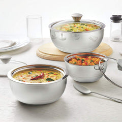 Borosil Servefresh Stainless Steel Insulated 500 ML + 900 ML + 1500 ML Curry Server with Glass Lid | Silver | Set of 3 Pcs
