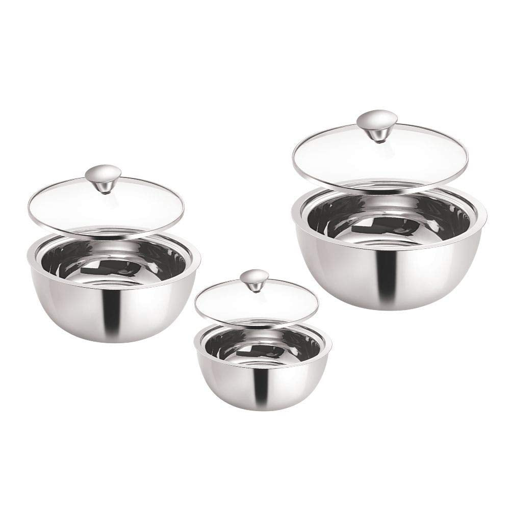 Borosil Servefresh Stainless Steel Insulated 500 ML + 900 ML + 1500 ML Curry Server with Glass Lid | Silver | Set of 3 Pcs