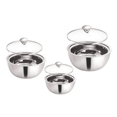 Borosil Servefresh Stainless Steel Insulated 500 ML + 900 ML + 1500 ML Curry Server with Glass Lid | Silver | Set of 3 Pcs