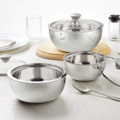 Borosil Servefresh Stainless Steel Insulated 500 ML + 900 ML + 1500 ML Curry Server with Glass Lid | Silver | Set of 3 Pcs