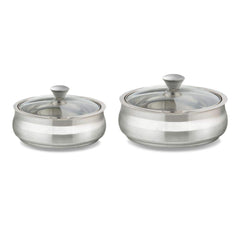 Borosil Servefresh Stainless Steel Striped Insulated 800 ML + 1200 ML Handi Server with Glass Lid | Silver | Set of 2 Pcs