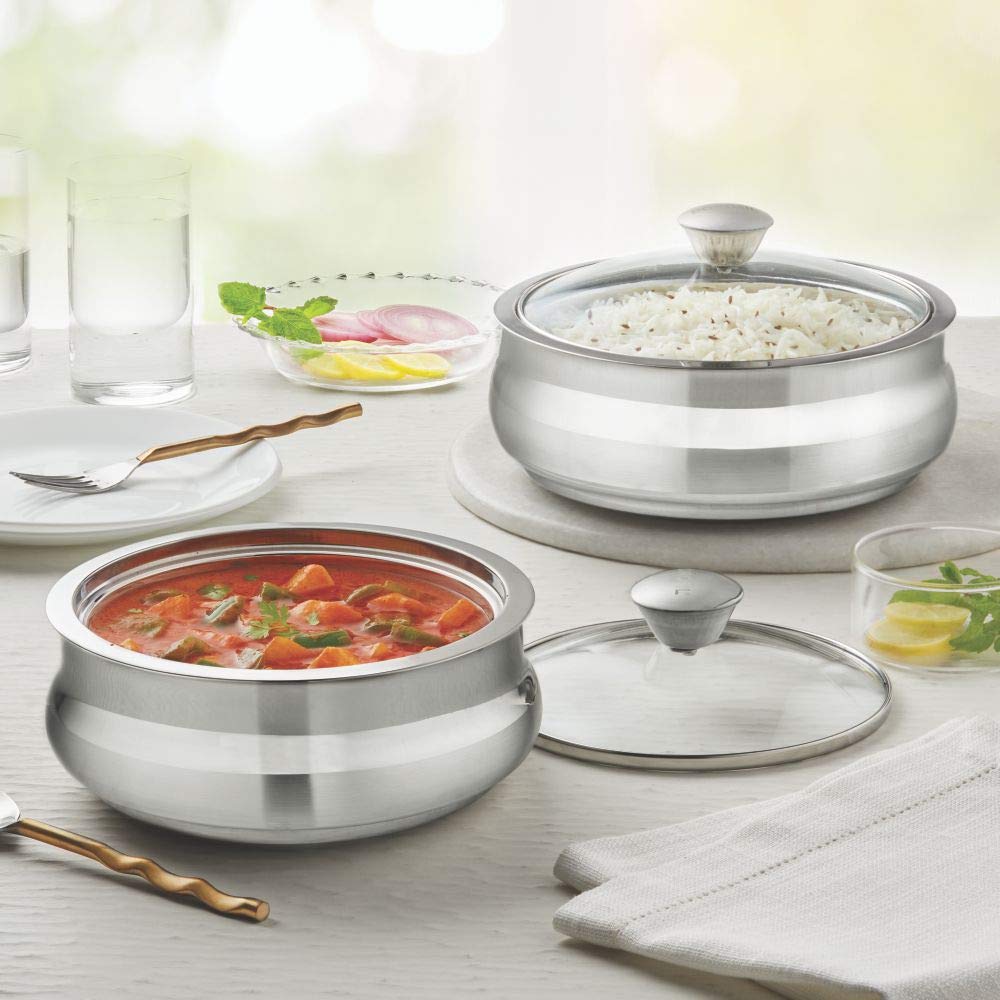 Borosil Servefresh Stainless Steel Striped Insulated 800 ML + 1200 ML Handi Server with Glass Lid | Silver | Set of 2 Pcs