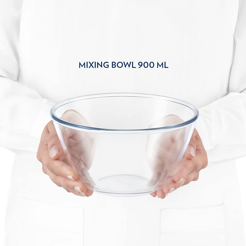 Borosil Basic 900 ML Mixing Bowl Set with Plastic Lid | Transparent | Set of 2 Pcs