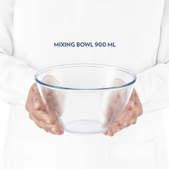Borosil Basic 900 ML Mixing Bowl Set with Plastic Lid | Transparent | Set of 2 Pcs