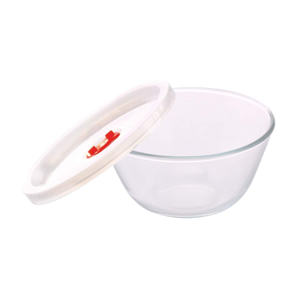 Borosil Basic 900 ML Mixing Bowl Set with Plastic Lid | Transparent | Set of 2 Pcs