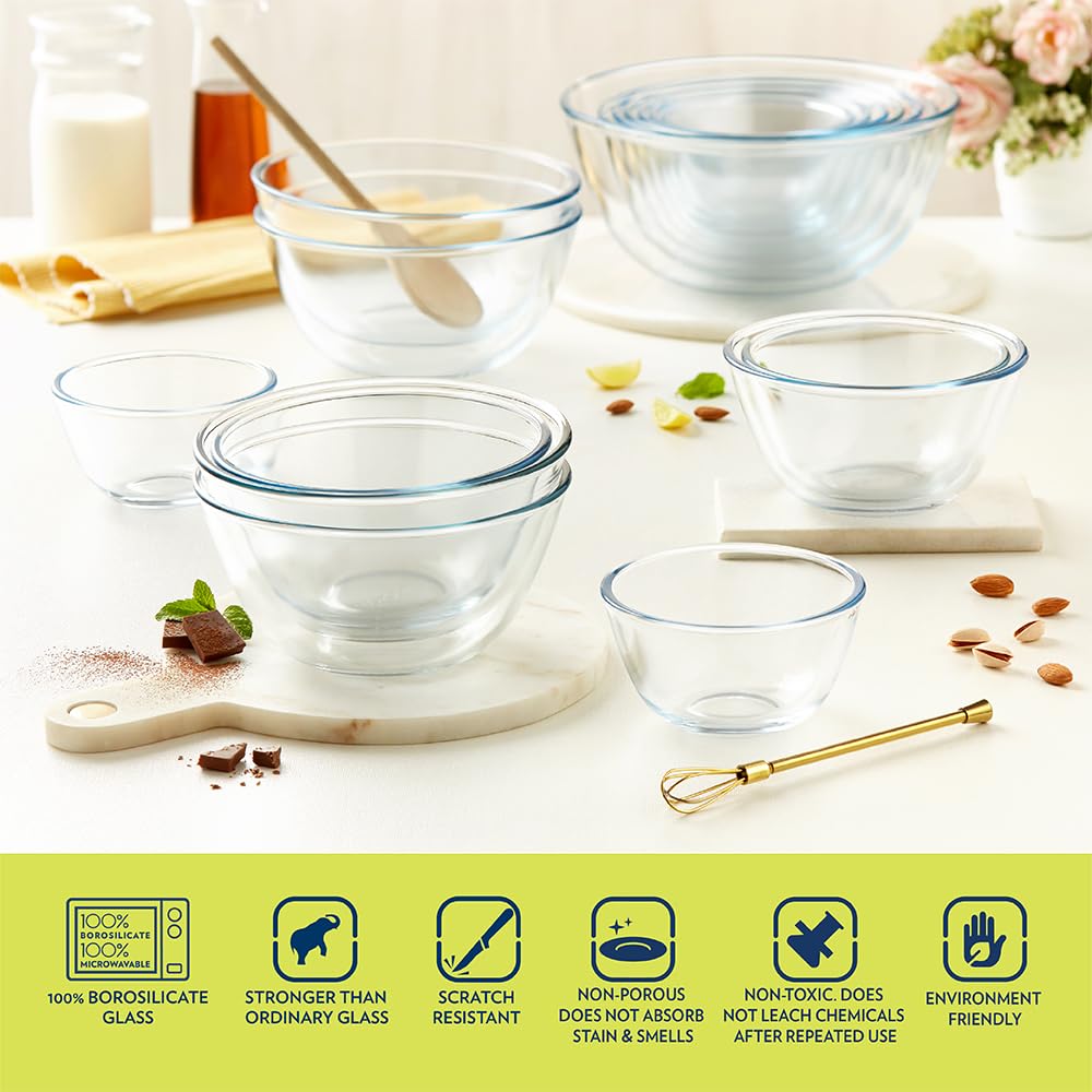 Borosil Basic 900 ML Mixing Bowl Set with Plastic Lid | Transparent | Set of 2 Pcs