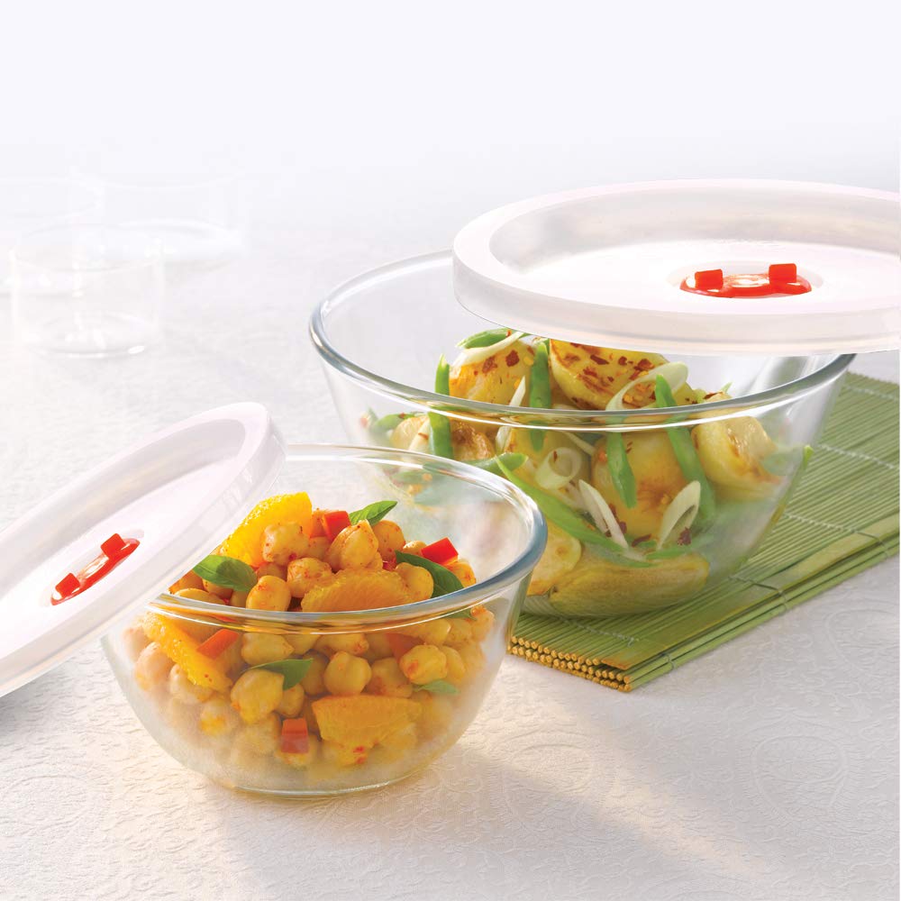 Borosil Basic 500 ML + 1300 ML Mixing Bowl Set with Plastic Lid | Transparent | Set of 2 Pcs