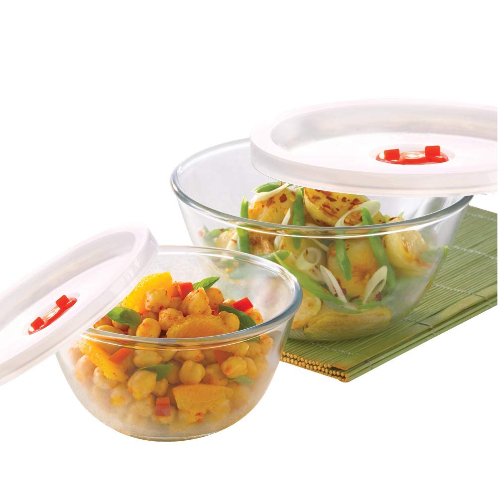 Borosil Basic 500 ML + 1300 ML Mixing Bowl Set with Plastic Lid | Transparent | Set of 2 Pcs