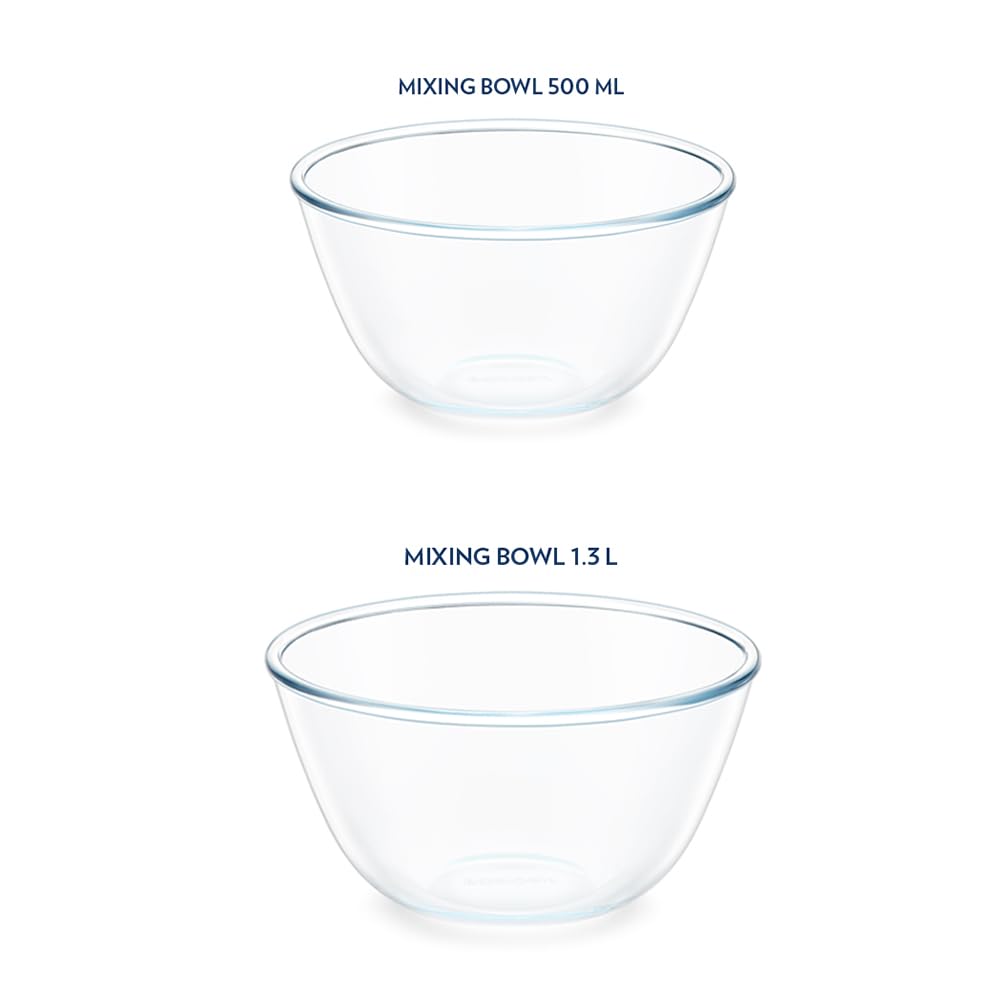Borosil Basic 500 ML + 1300 ML Mixing Bowl Set with Plastic Lid | Transparent | Set of 2 Pcs