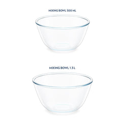 Borosil Basic 500 ML + 1300 ML Mixing Bowl Set with Plastic Lid | Transparent | Set of 2 Pcs