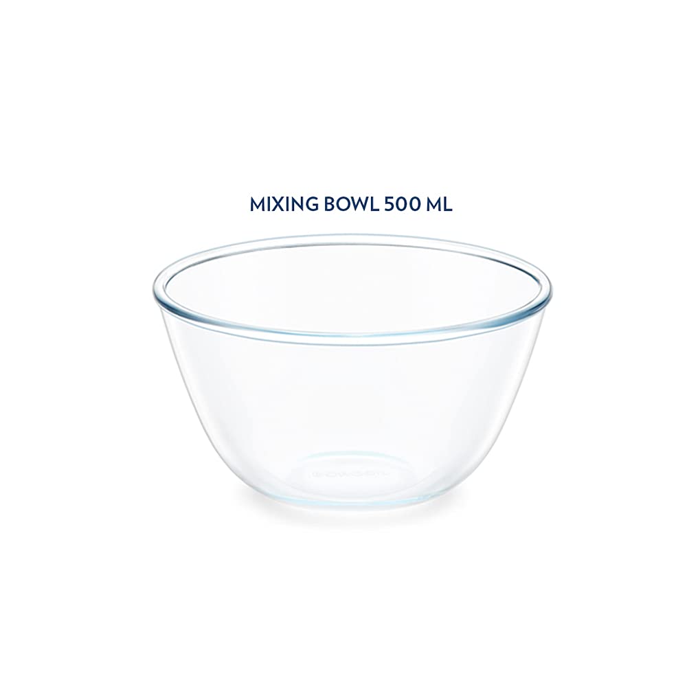 Borosil Basic 350 ML + 500 ML + 900 ML + 1300 ML Mixing Bowl Set with Plastic Lid | Transparent | Set of 4 Pcs