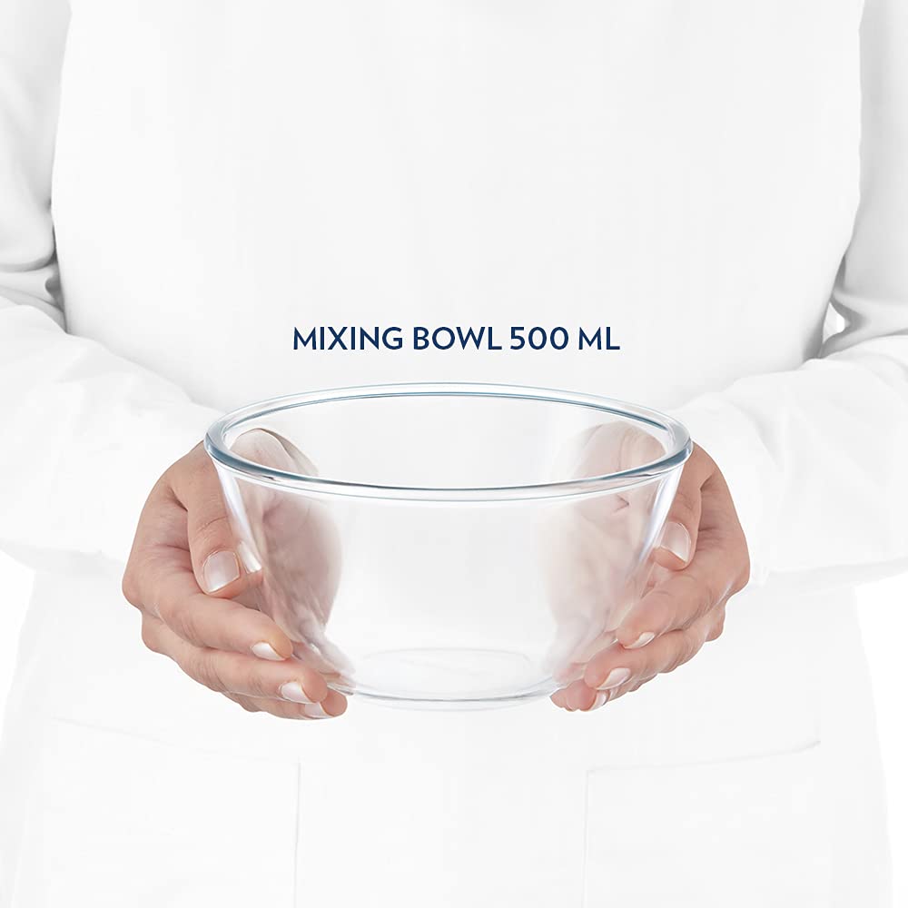 Borosil Basic 350 ML + 500 ML + 900 ML + 1300 ML Mixing Bowl Set with Plastic Lid | Transparent | Set of 4 Pcs